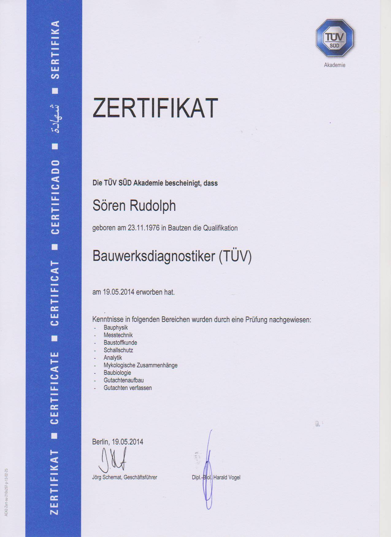 Zertifikat Bauwerksdiagnostiker Baurestauration Rudolph Bautzen