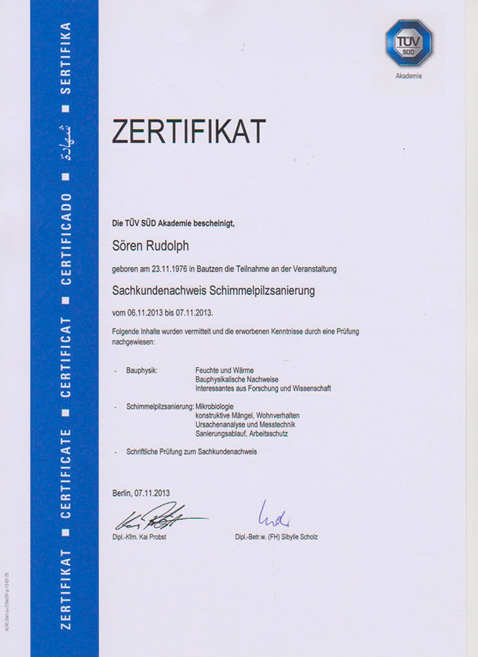 TÜV (SÜD) Zertifikat - Sachkundenachweis Schimmelpilzsanierung